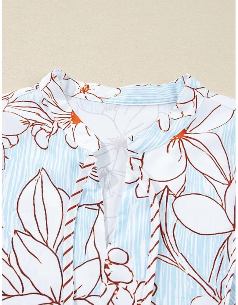 Brown Floral Print Tie Neck 3/4 Sleeve Mini Dress