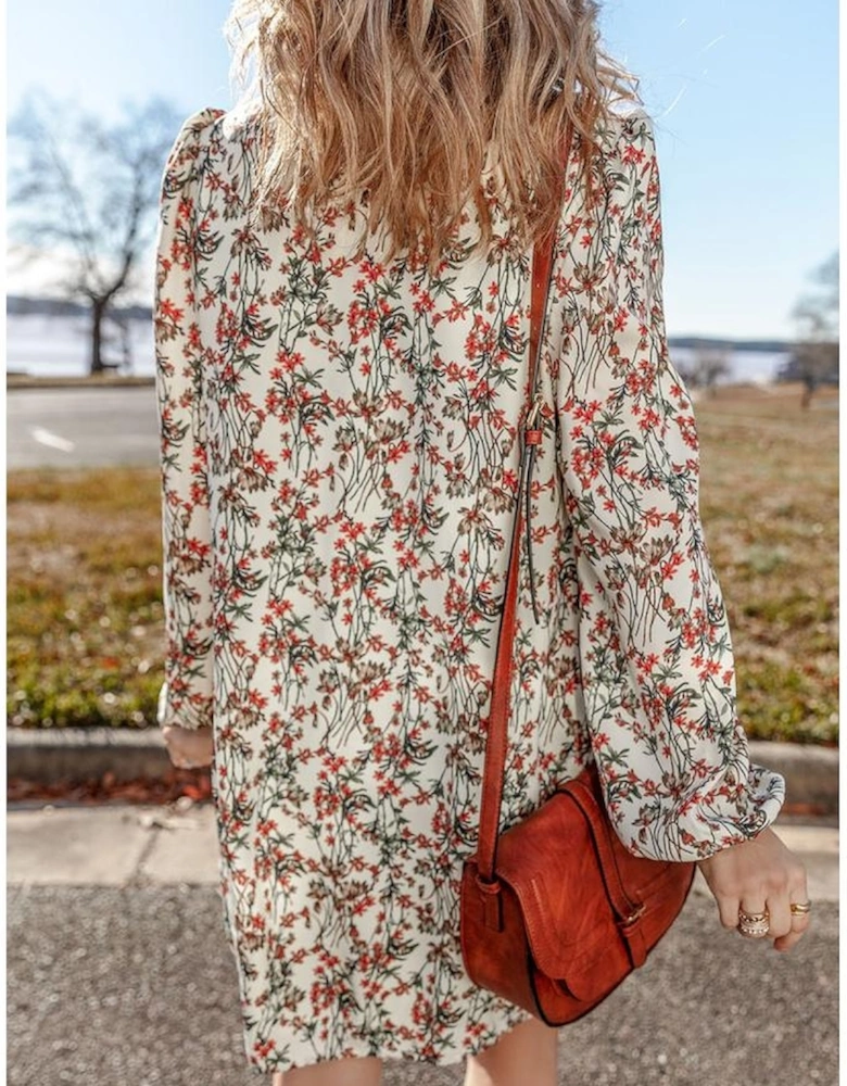 White Floral Printed Long Sleeve Mini Dress