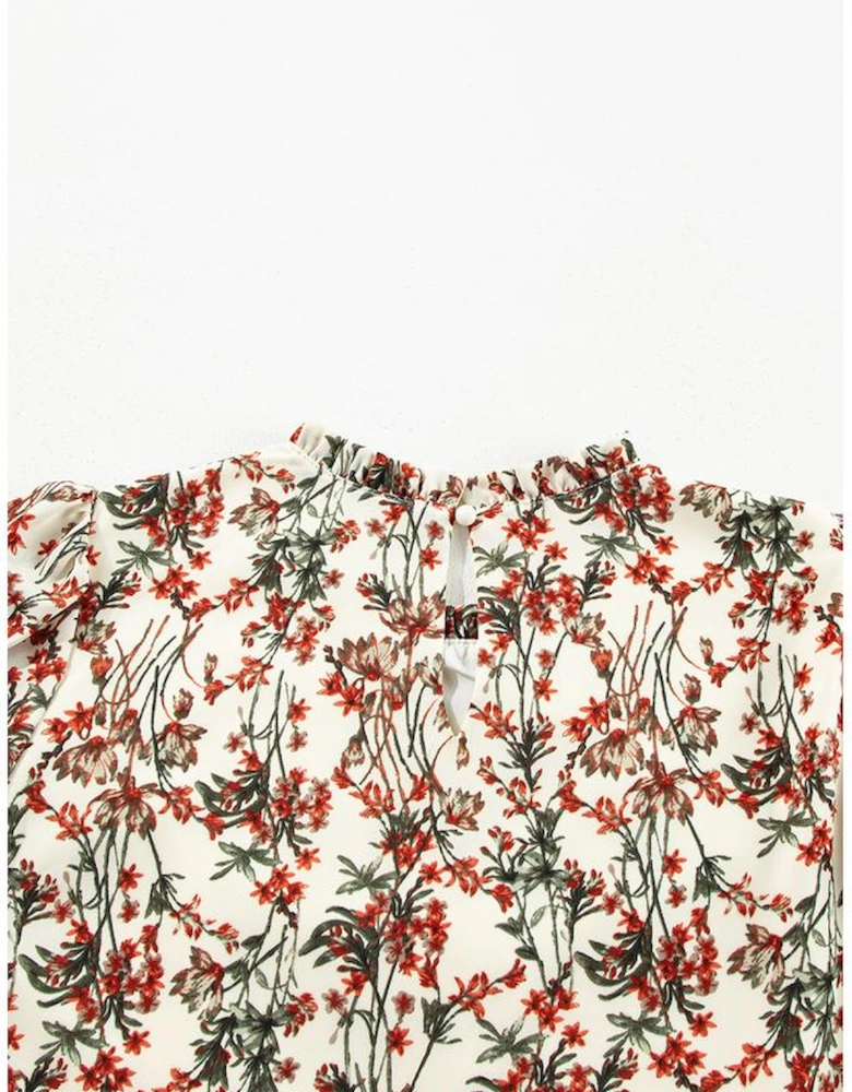 White Floral Printed Long Sleeve Mini Dress