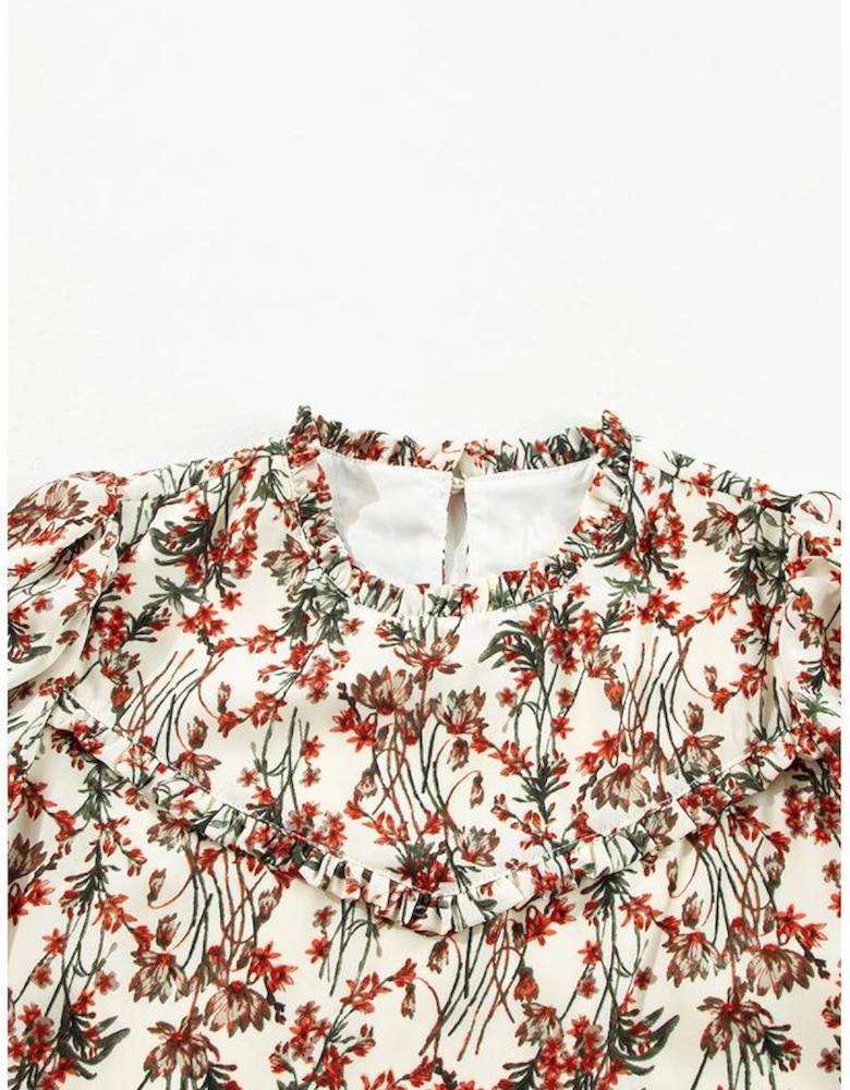 White Floral Printed Long Sleeve Mini Dress