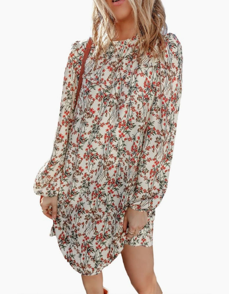 White Floral Printed Long Sleeve Mini Dress
