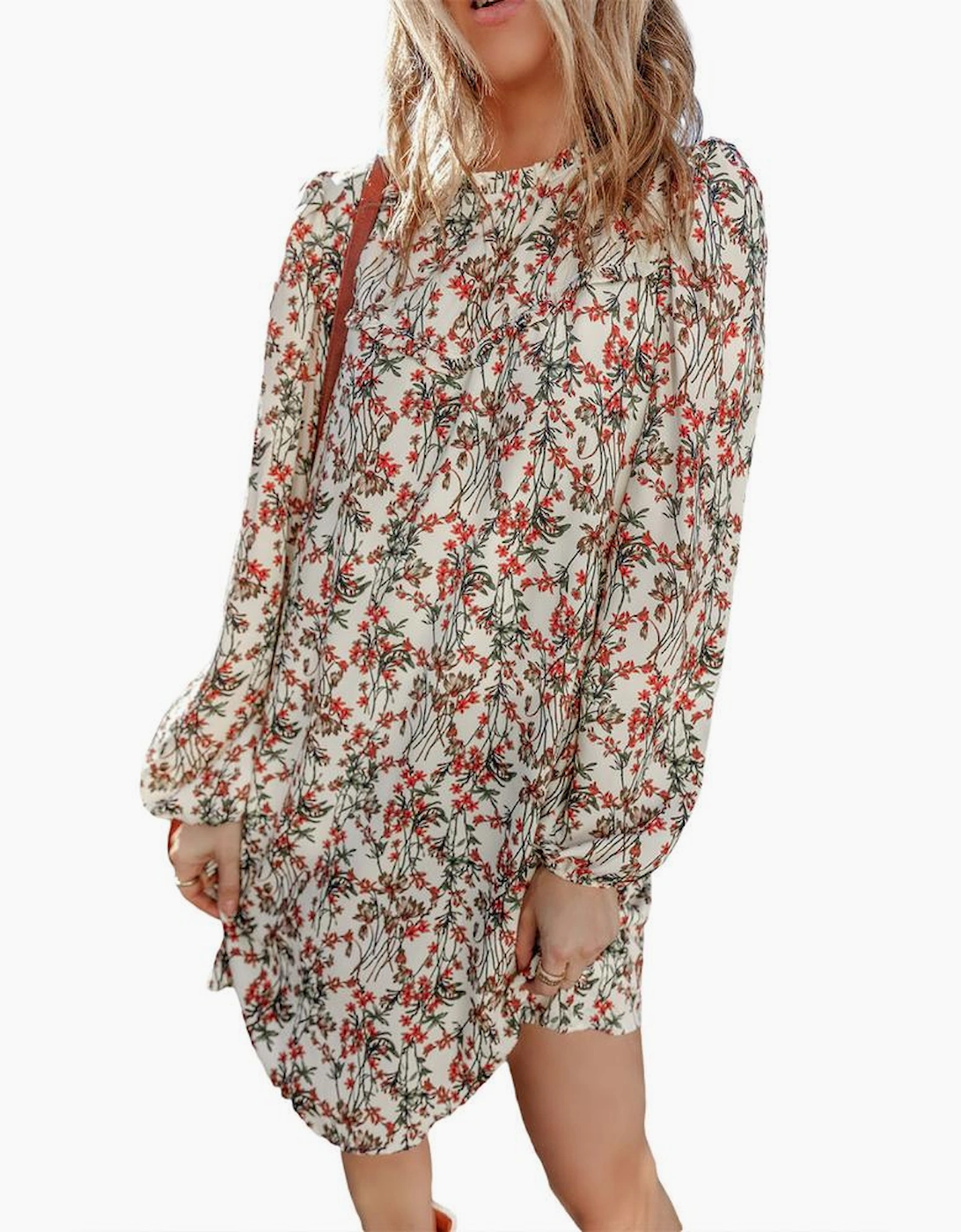 White Floral Printed Long Sleeve Mini Dress