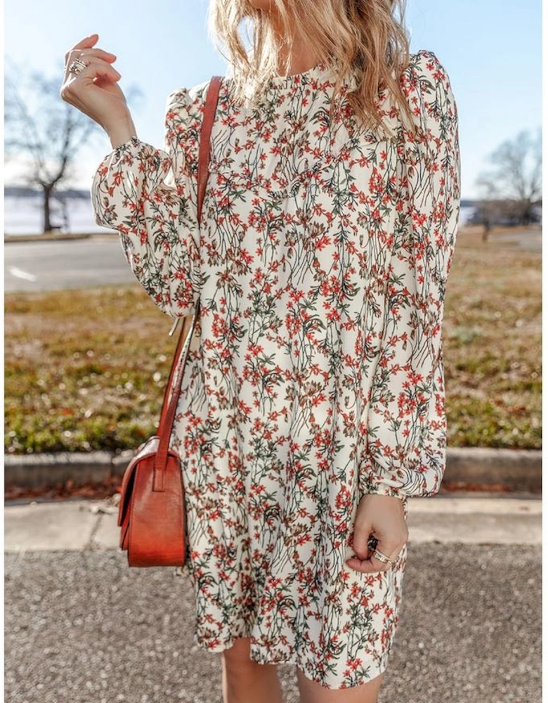White Floral Printed Long Sleeve Mini Dress