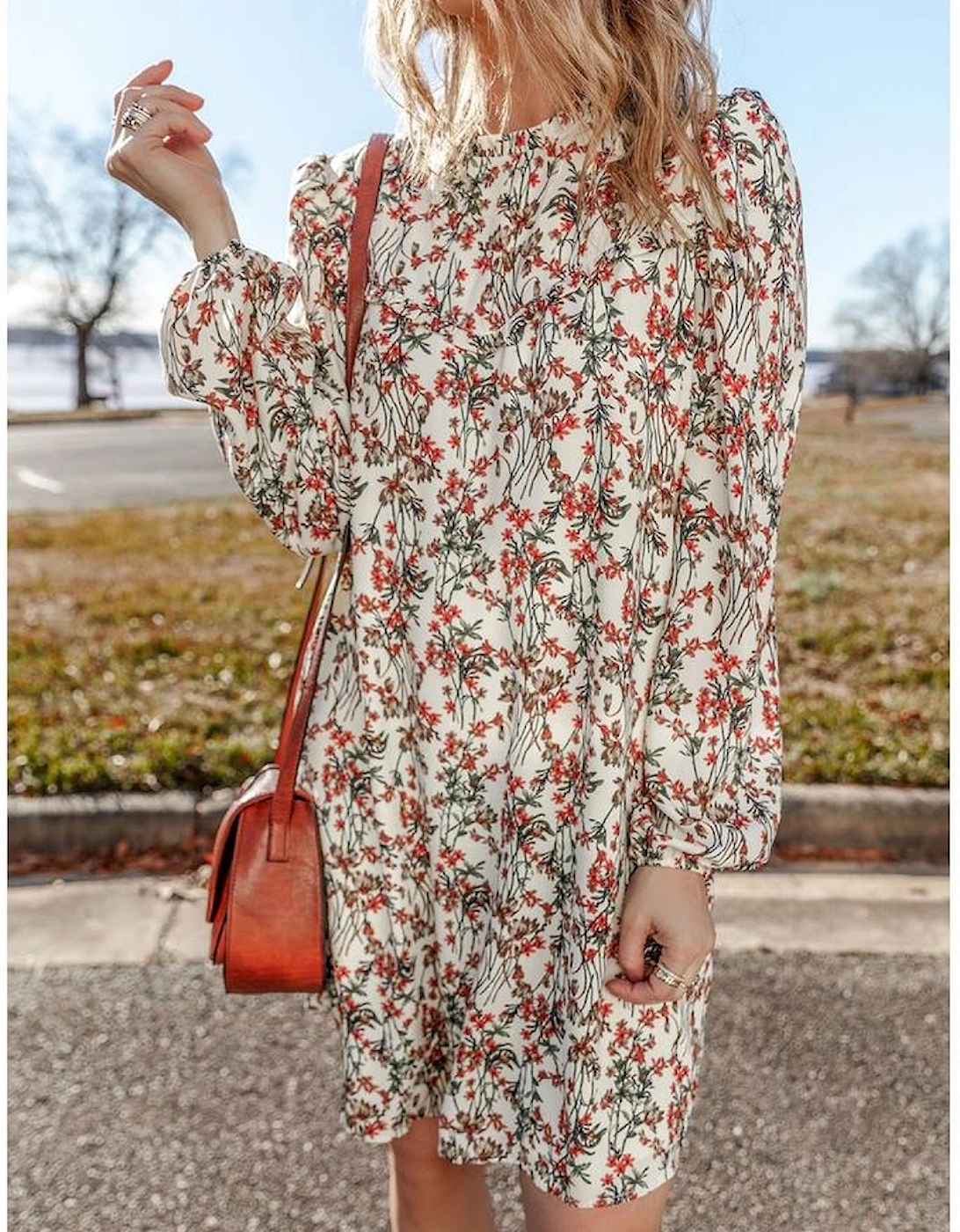 White Floral Printed Long Sleeve Mini Dress