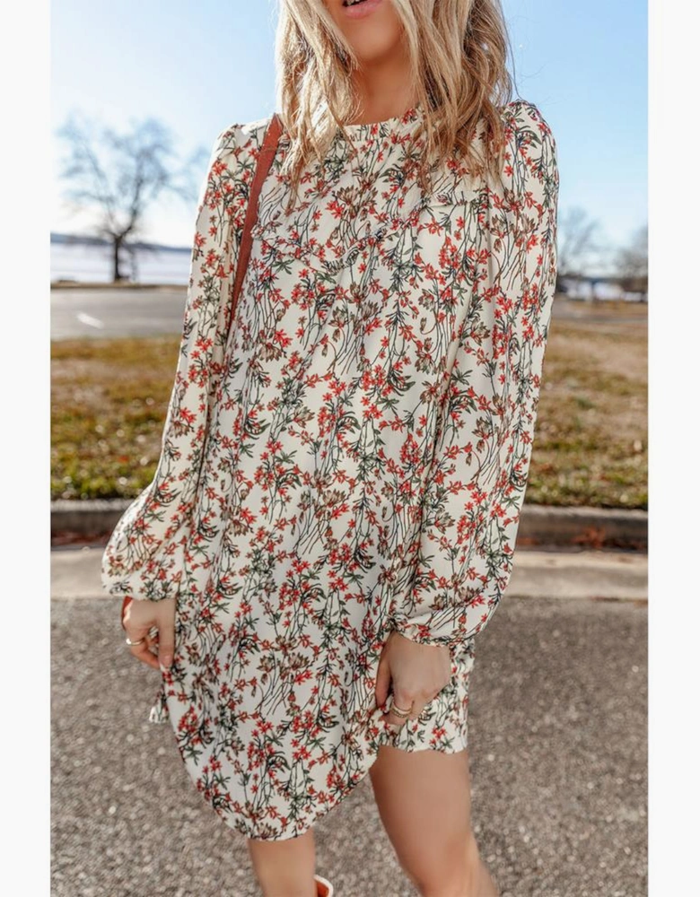 White Floral Printed Long Sleeve Mini Dress