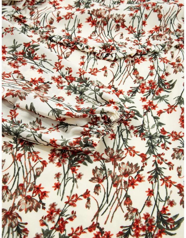 White Floral Printed Long Sleeve Mini Dress