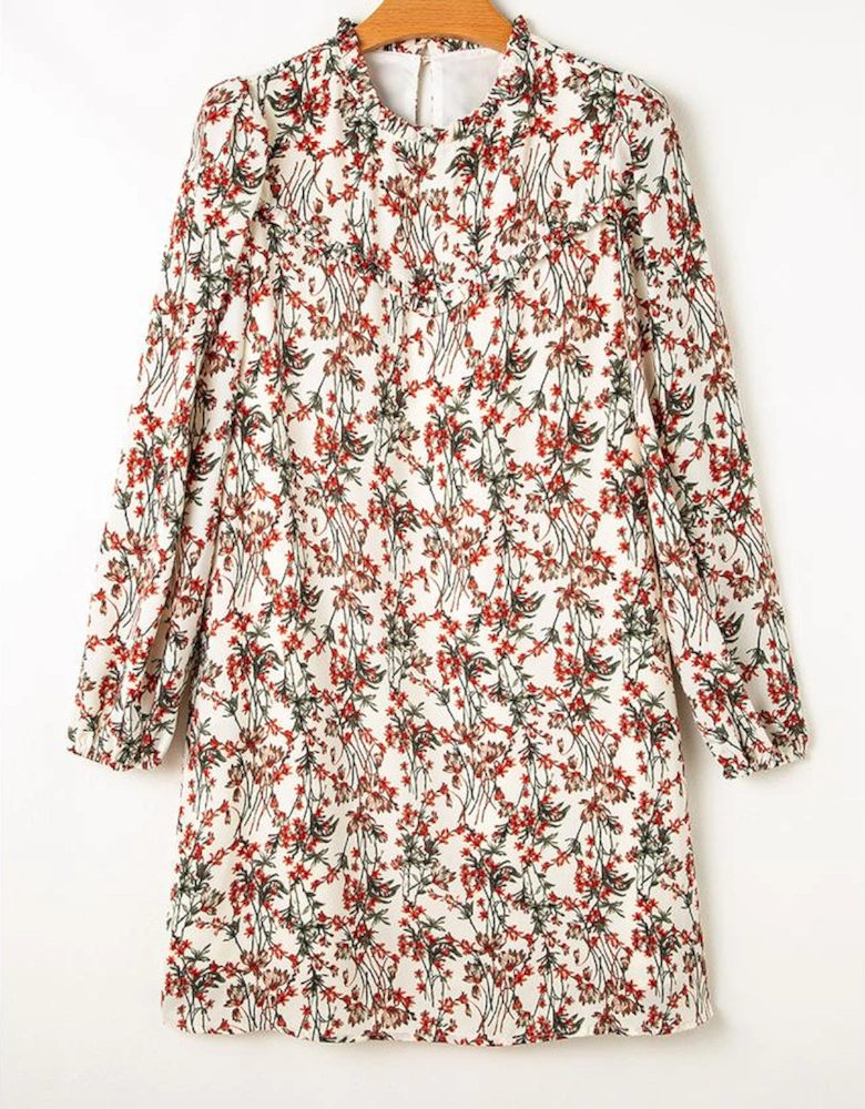 White Floral Printed Long Sleeve Mini Dress
