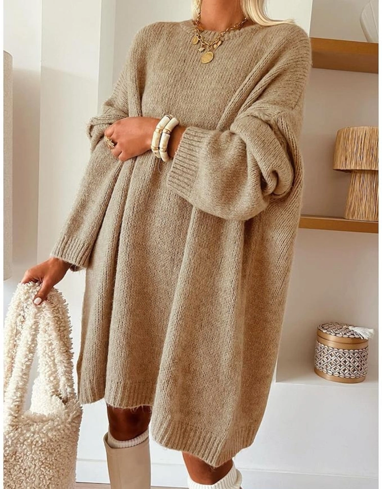 Pale Khaki Oversize Drop Shoulder Slouchy Sweater Dress