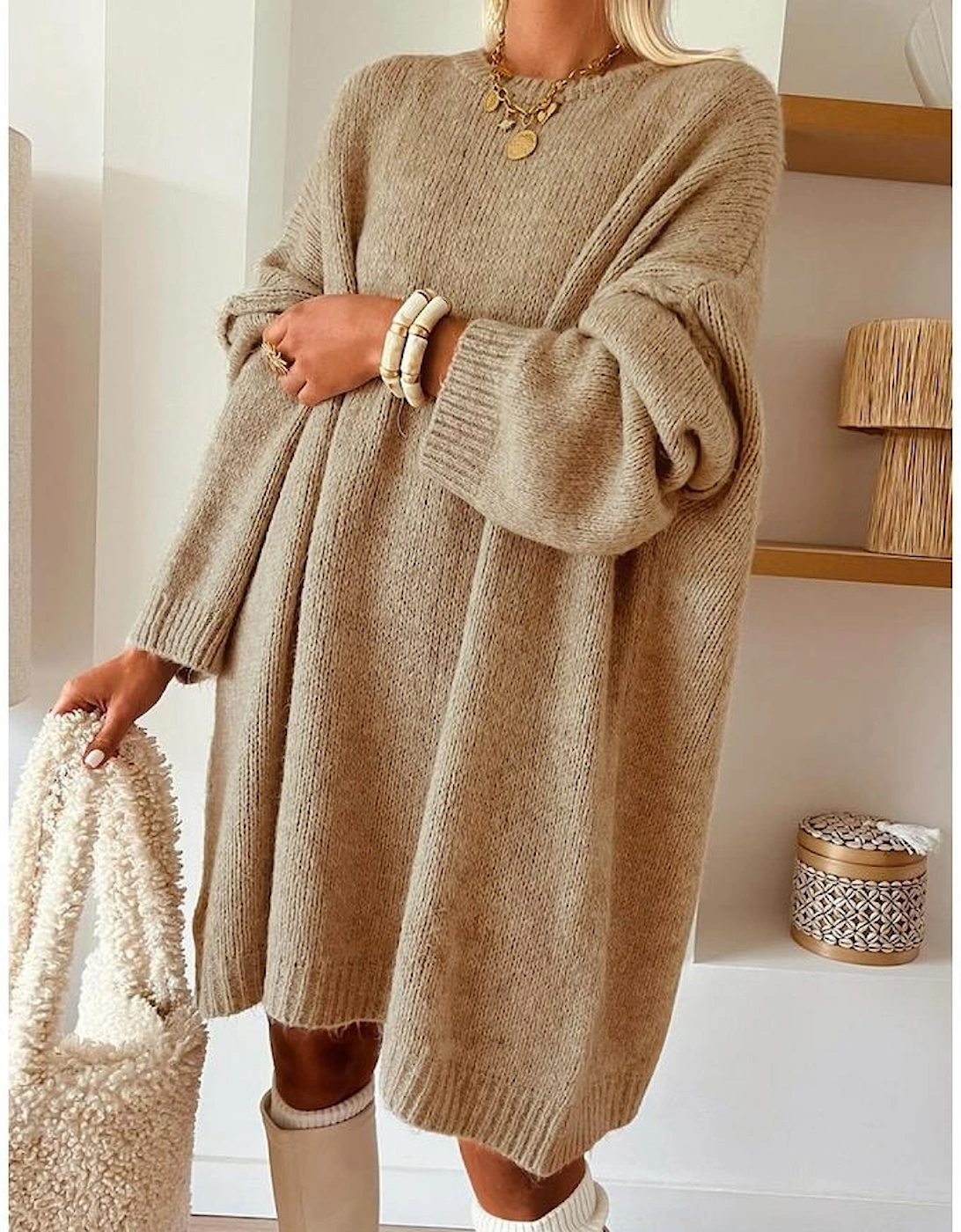Pale Khaki Oversize Drop Shoulder Slouchy Sweater Dress