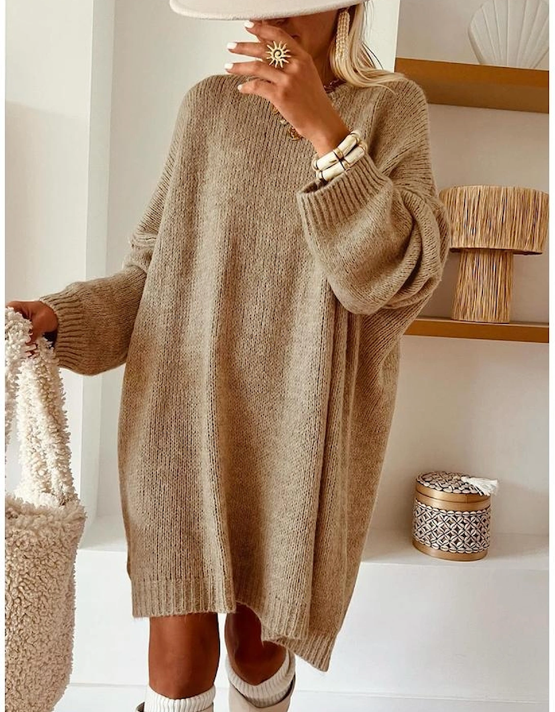 Pale Khaki Oversize Drop Shoulder Slouchy Sweater Dress