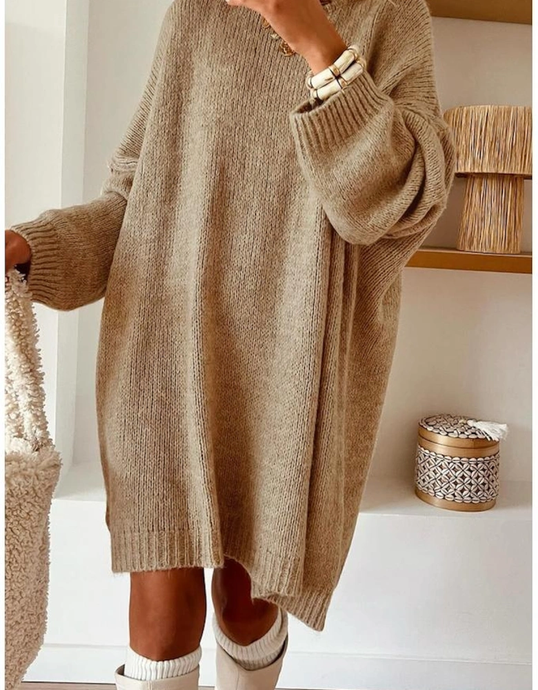 Pale Khaki Oversize Drop Shoulder Slouchy Sweater Dress