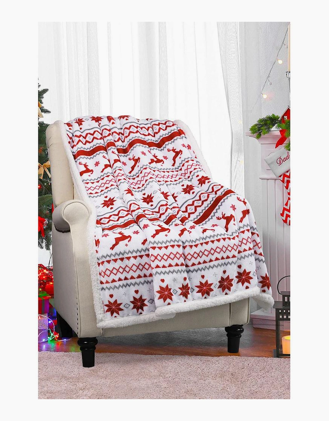 White Christmas Reindeer Snowflake Printed Sherpa Blanket, 12 of 11