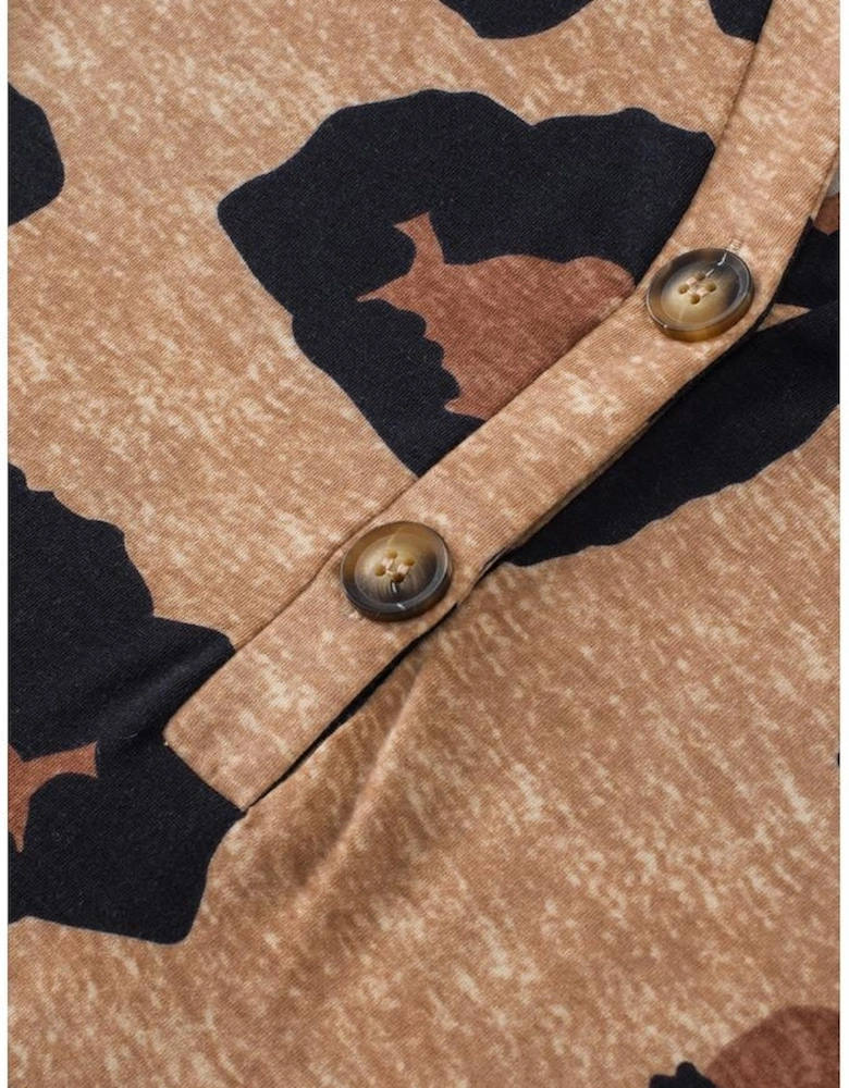 Light French Beige Leopard Folded Short Sleeve Buttoned V Neck Blouse