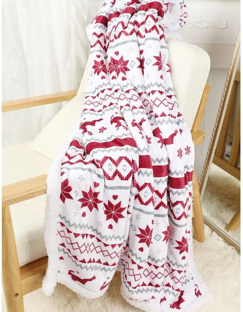 White Christmas Reindeer Snowflake Printed Sherpa Blanket