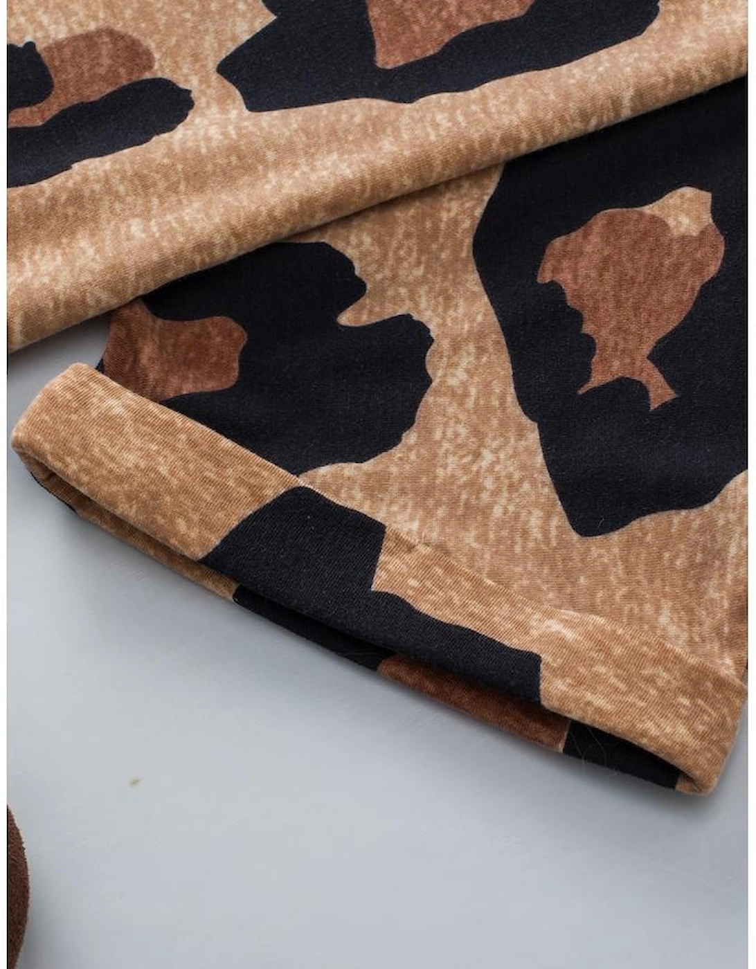 Light French Beige Leopard Folded Short Sleeve Buttoned V Neck Blouse