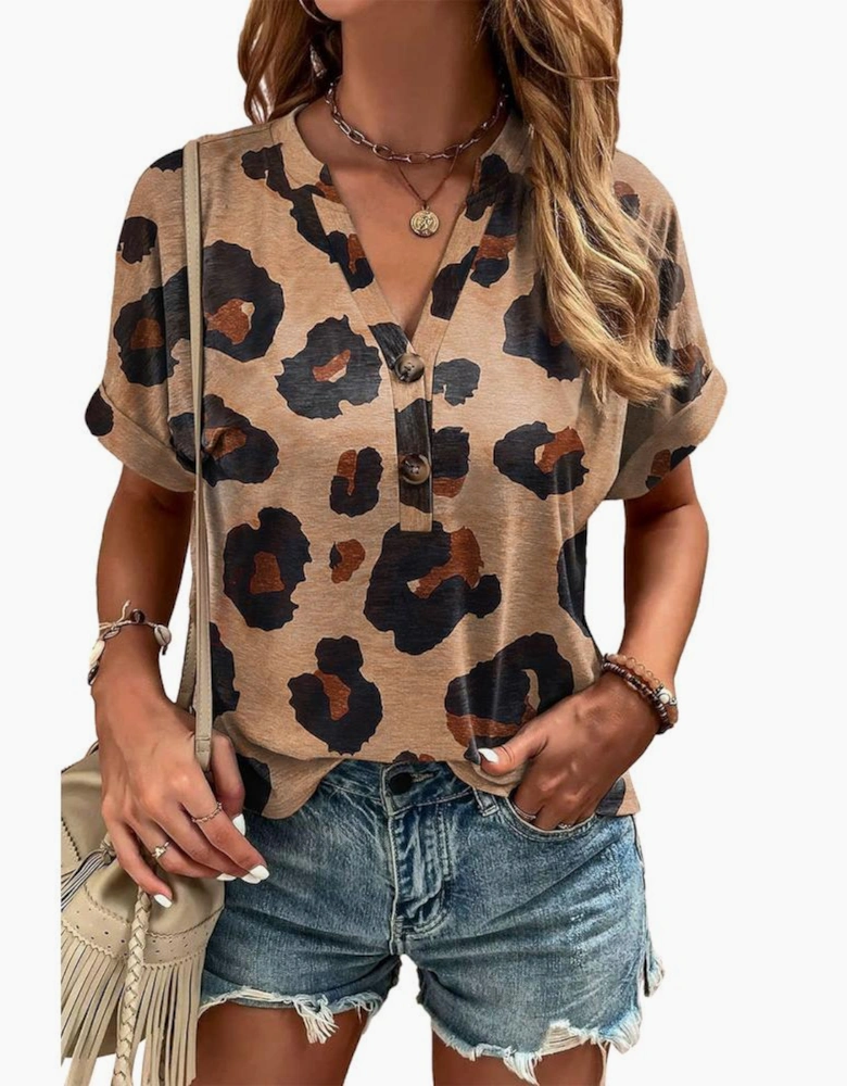 Light French Beige Leopard Folded Short Sleeve Buttoned V Neck Blouse