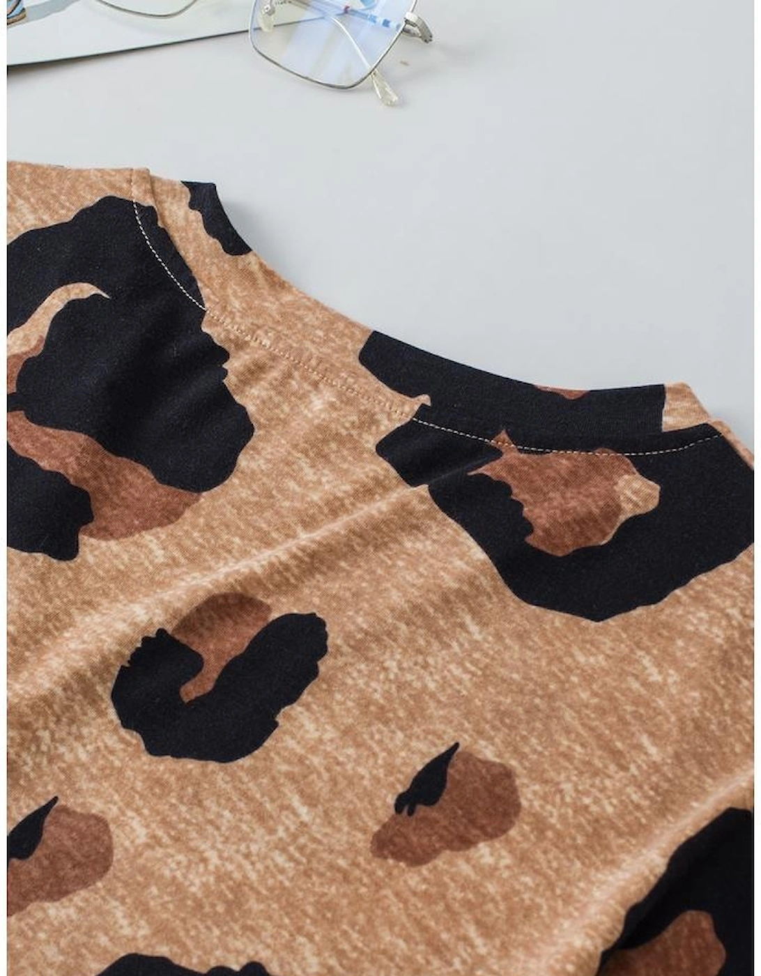 Light French Beige Leopard Folded Short Sleeve Buttoned V Neck Blouse