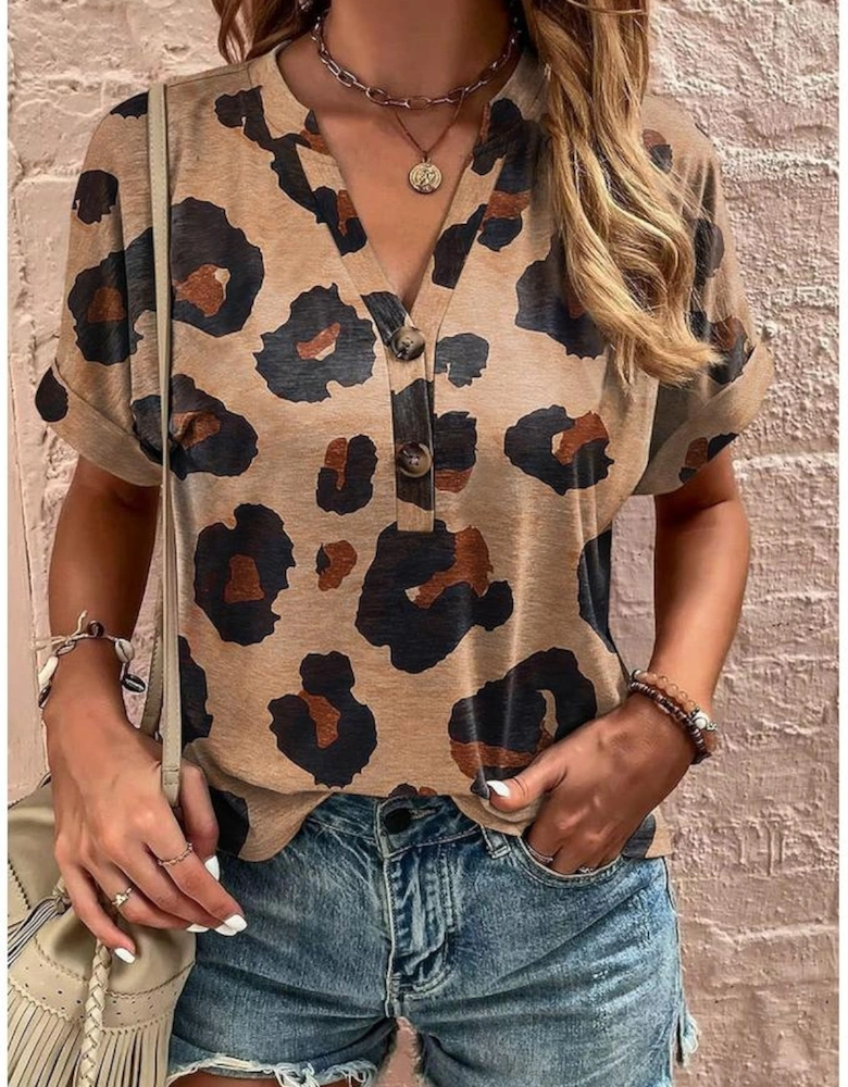 Light French Beige Leopard Folded Short Sleeve Buttoned V Neck Blouse