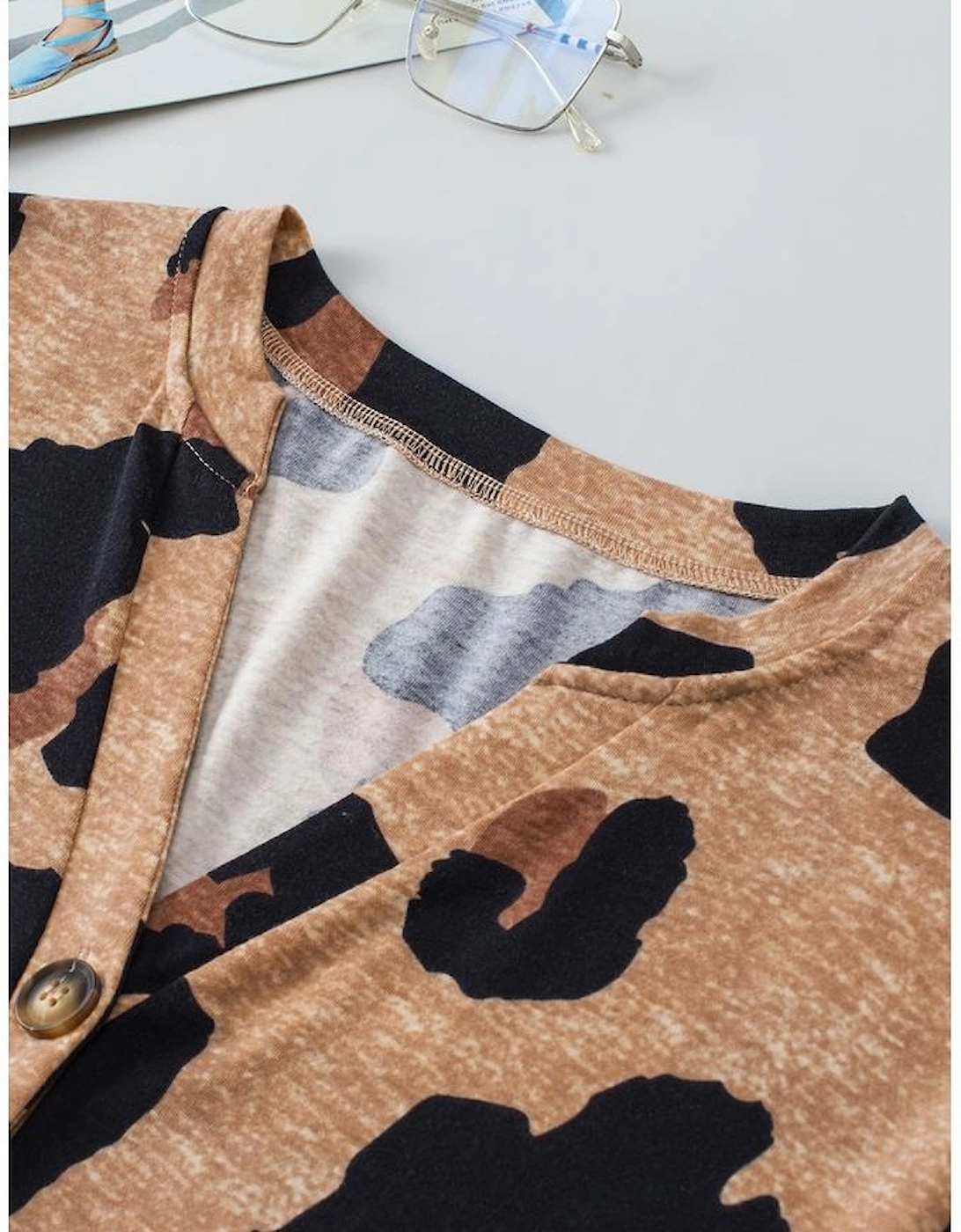 Light French Beige Leopard Folded Short Sleeve Buttoned V Neck Blouse