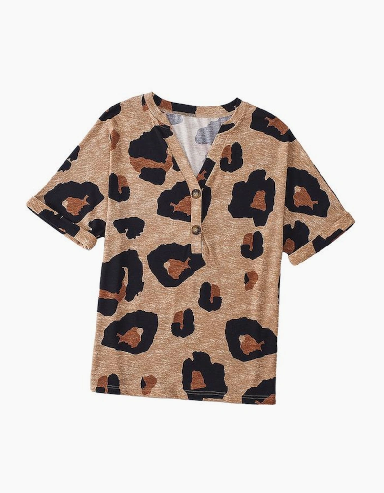 Light French Beige Leopard Folded Short Sleeve Buttoned V Neck Blouse