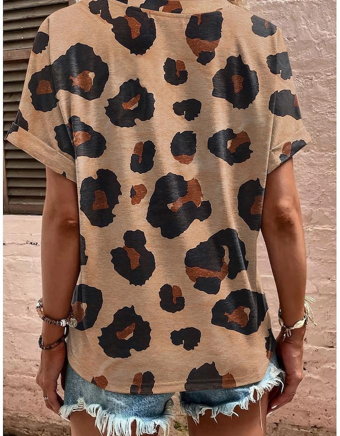 Light French Beige Leopard Folded Short Sleeve Buttoned V Neck Blouse