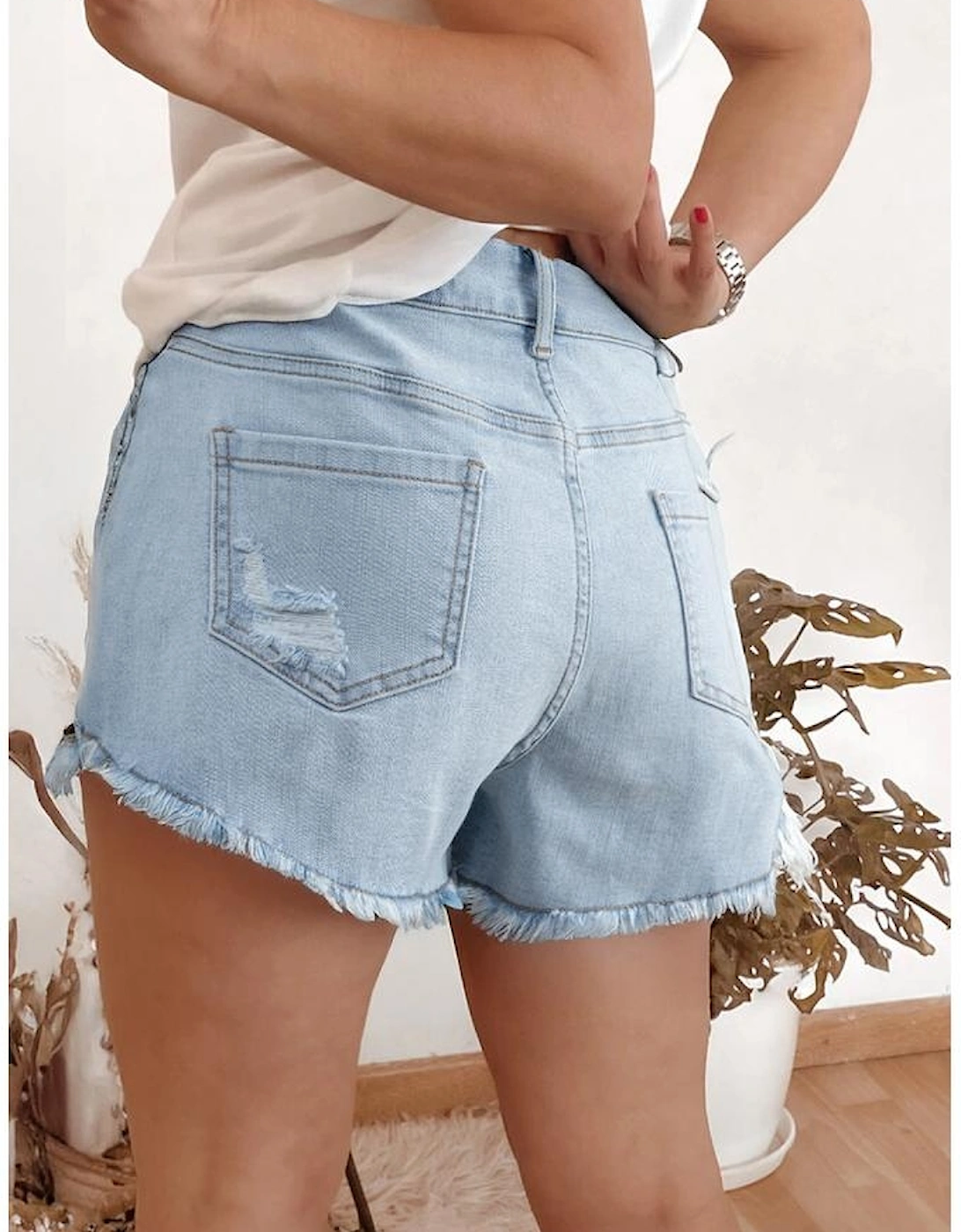 Beau Blue High Rise Distressed Raw Hem Denim Shorts, 16 of 15
