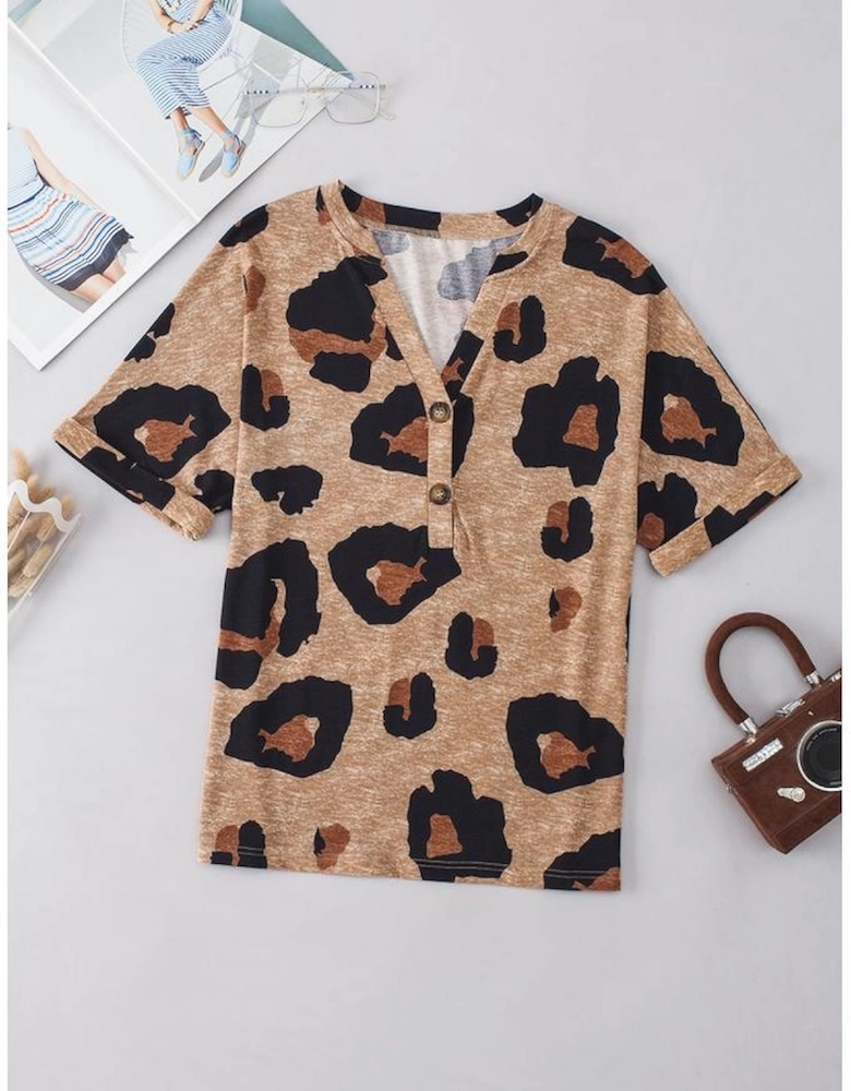 Light French Beige Leopard Folded Short Sleeve Buttoned V Neck Blouse