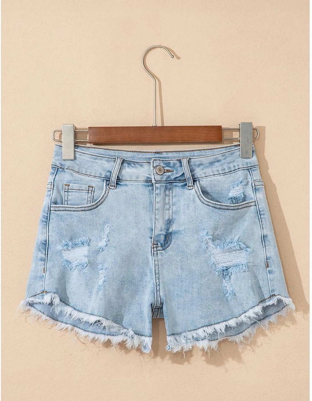 Beau Blue High Rise Distressed Raw Hem Denim Shorts