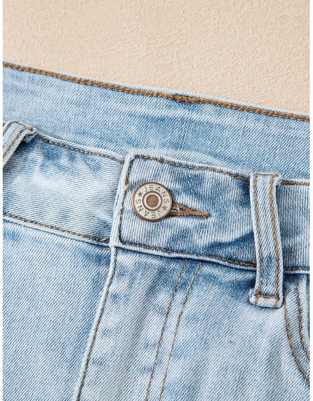 Beau Blue High Rise Distressed Raw Hem Denim Shorts