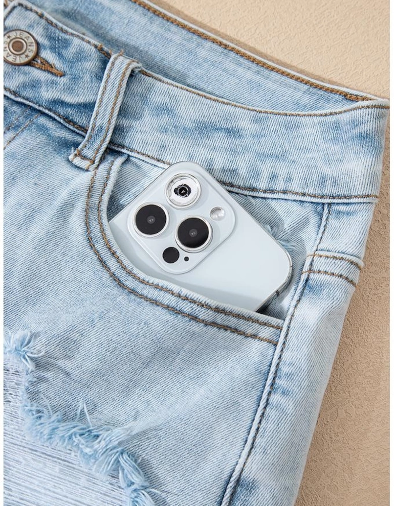 Beau Blue High Rise Distressed Raw Hem Denim Shorts