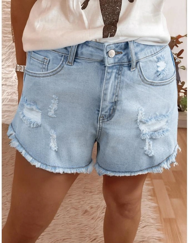 Beau Blue High Rise Distressed Raw Hem Denim Shorts