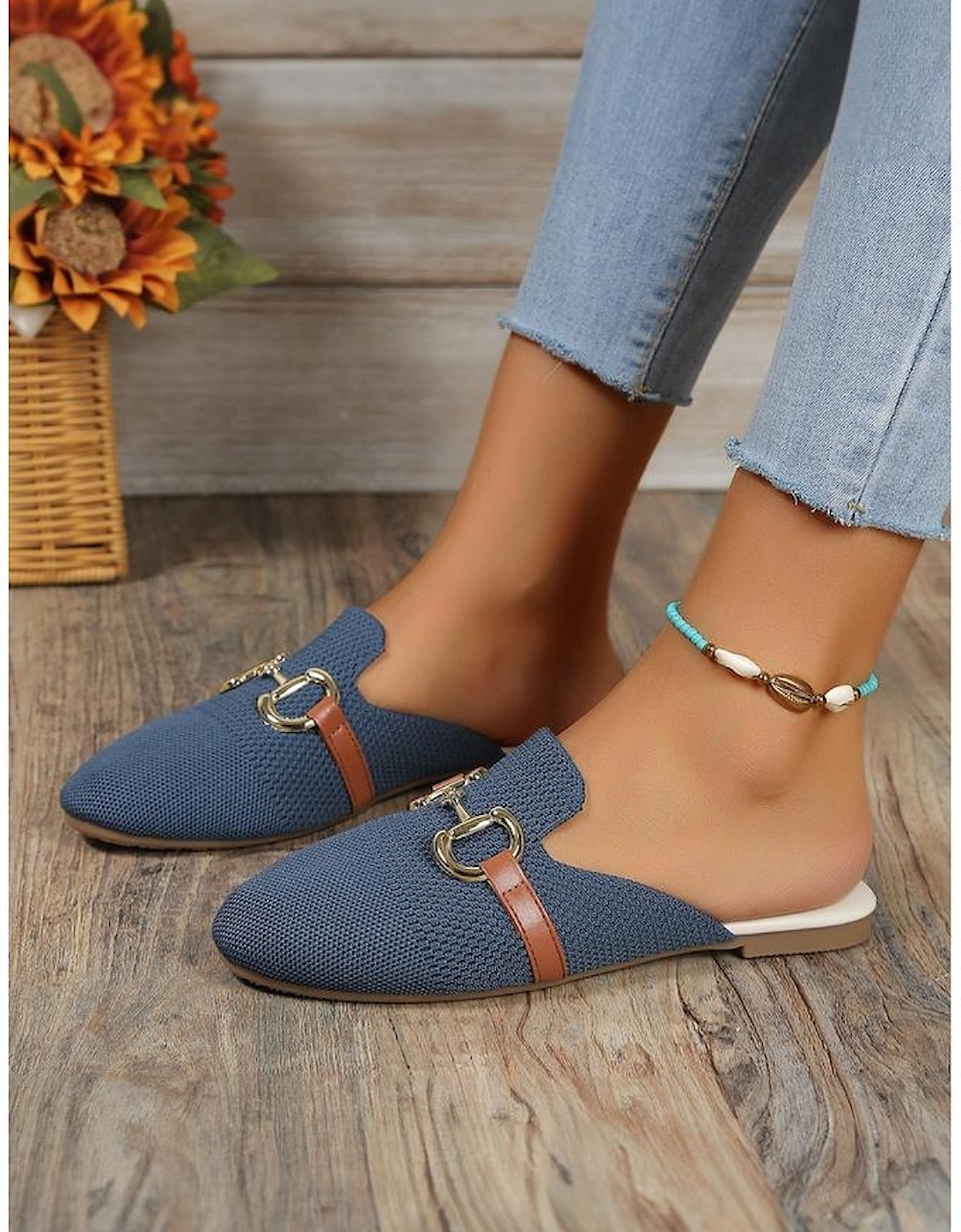 Sky Blue Leather Strap Buckle Decor Slip On Flats