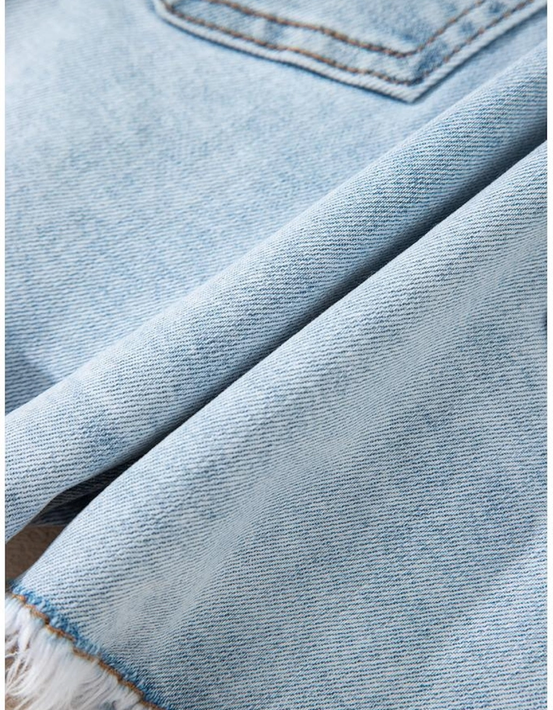 Beau Blue High Rise Distressed Raw Hem Denim Shorts