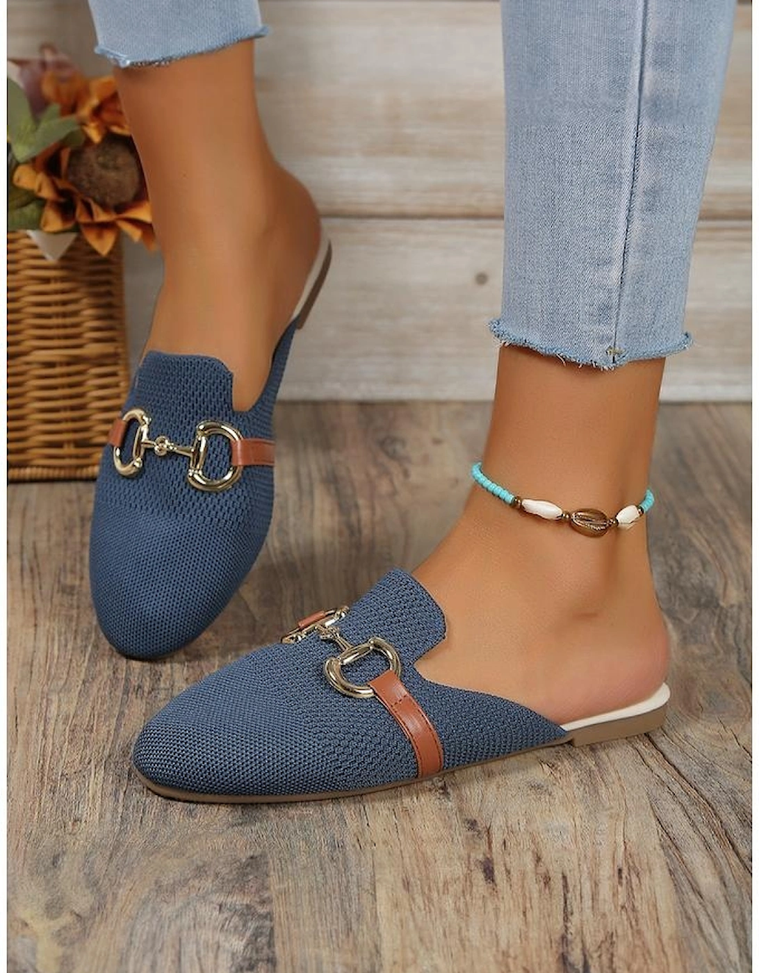Sky Blue Leather Strap Buckle Decor Slip On Flats