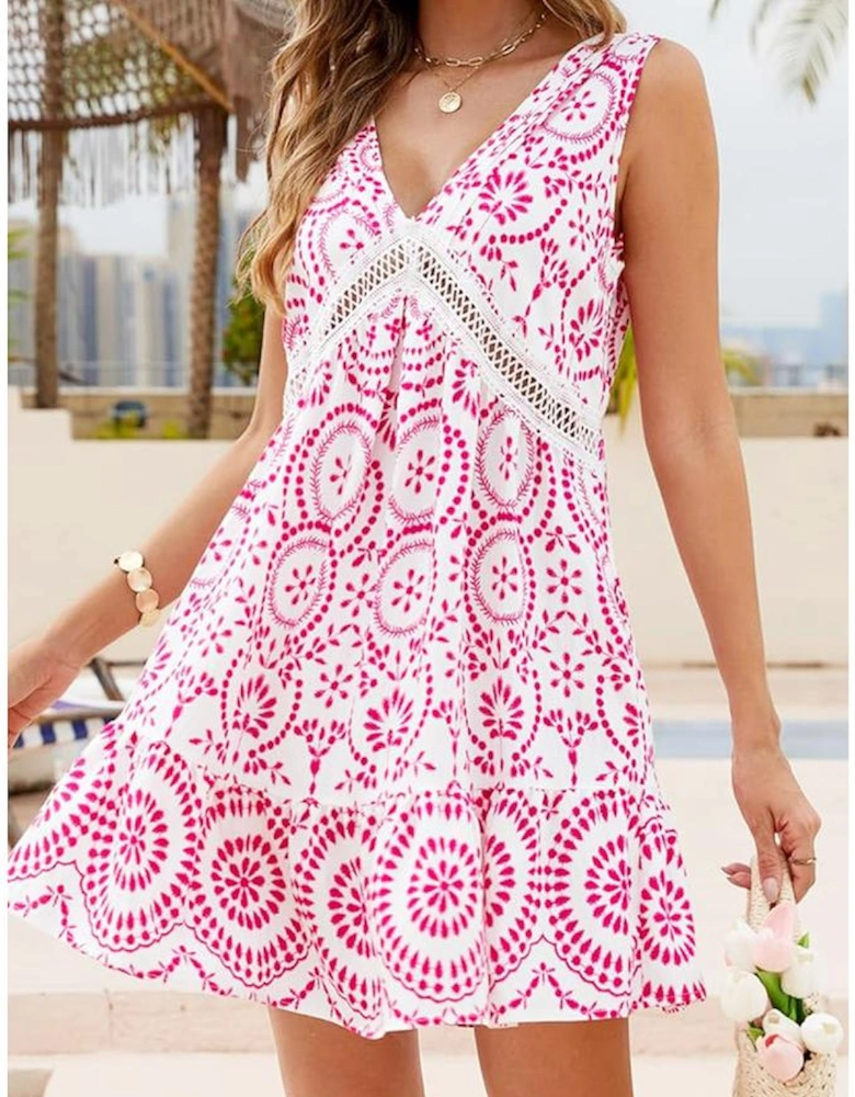 Sachet Pink Elegant Printed Cutout Lace V-Neck Sleeveless Dress