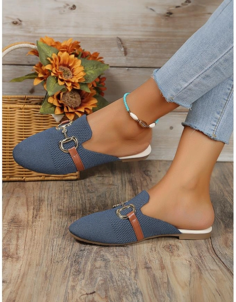Sky Blue Leather Strap Buckle Decor Slip On Flats