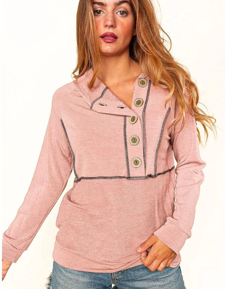 Pink Buttons Front Princess Line Out Seam Hoodie