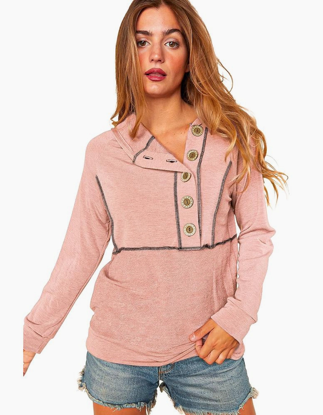 Pink Buttons Front Princess Line Out Seam Hoodie