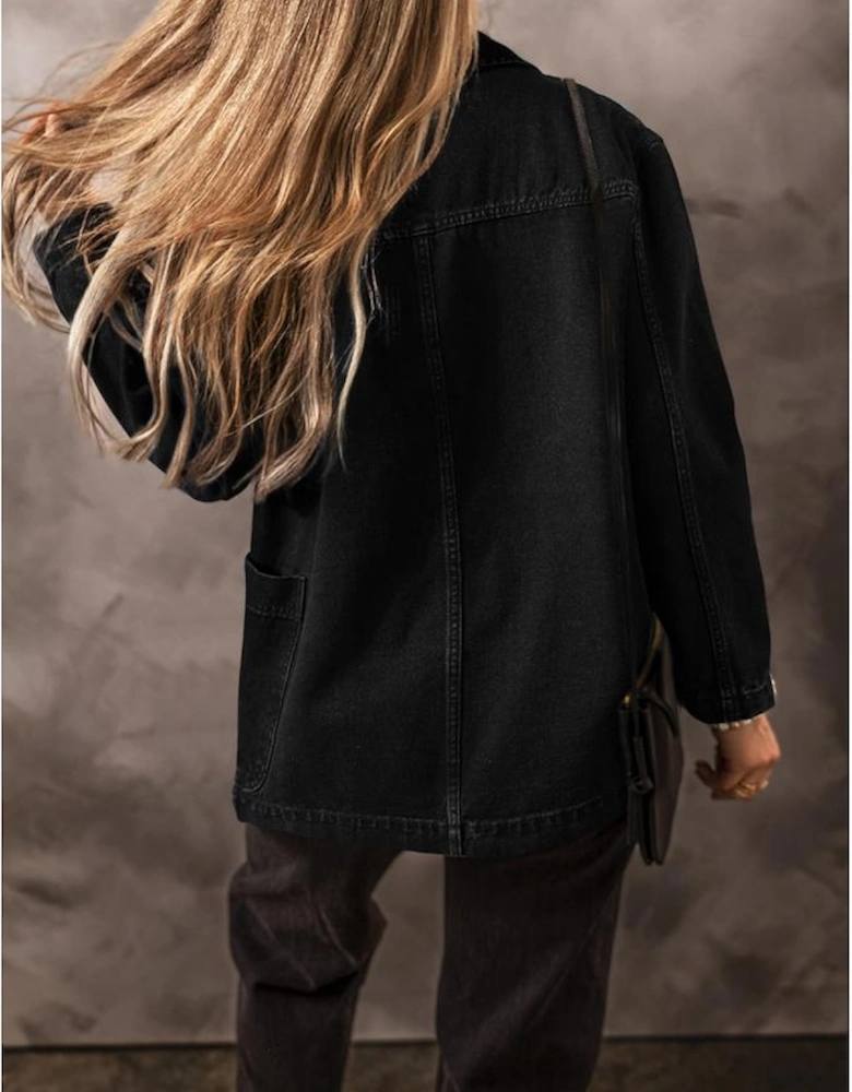 Black Side Pockets Lapel Collar Denim Jacket