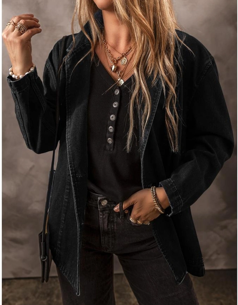 Black Side Pockets Lapel Collar Denim Jacket