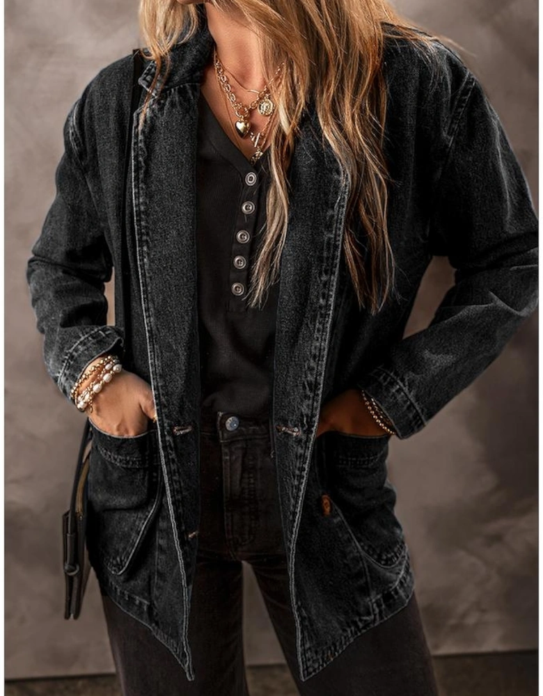 Black Side Pockets Lapel Collar Denim Jacket