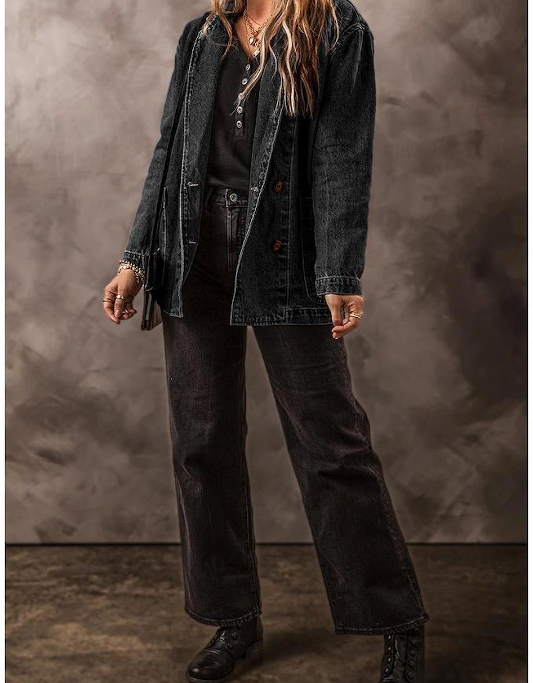 Black Side Pockets Lapel Collar Denim Jacket