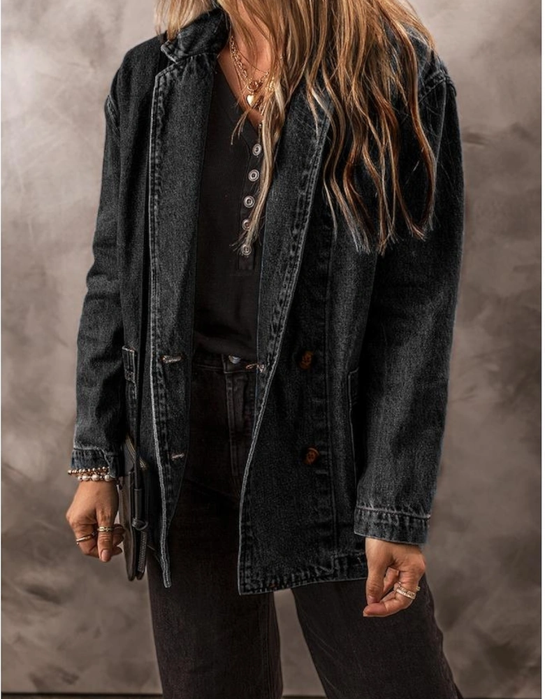 Black Side Pockets Lapel Collar Denim Jacket