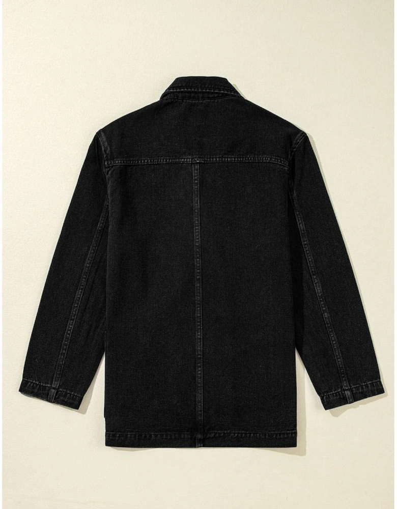 Black Side Pockets Lapel Collar Denim Jacket