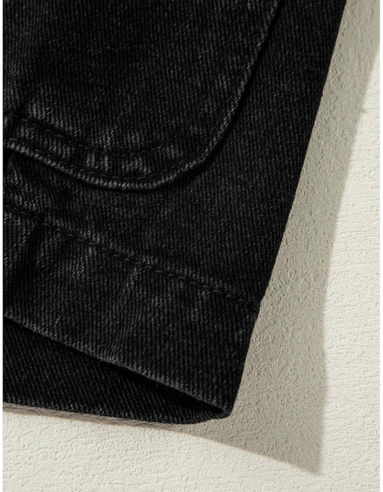 Black Side Pockets Lapel Collar Denim Jacket