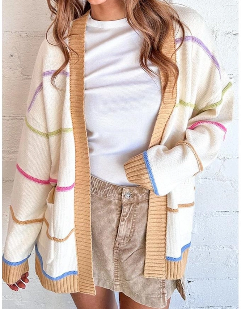 White Color Block Striped Open Front Cardigan With Pocket