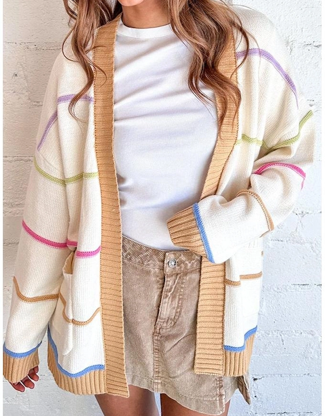 White Color Block Striped Open Front Cardigan With Pocket