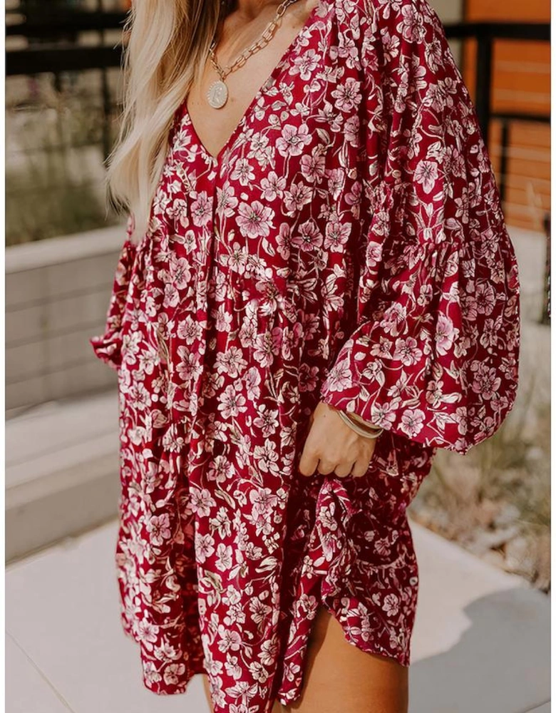Purple Plus Floral Balloon Sleeve V Neck Relaxed Dress