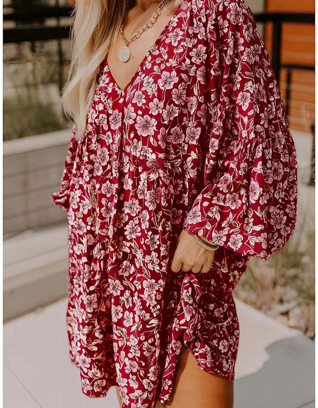 Purple Plus Floral Balloon Sleeve V Neck Relaxed Dress, 2 of 1