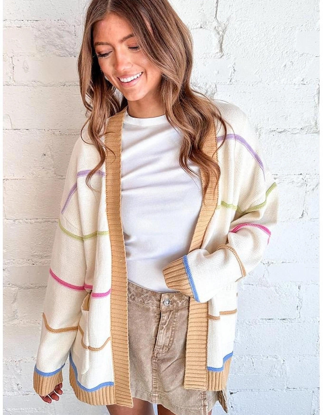 White Color Block Striped Open Front Cardigan With Pocket